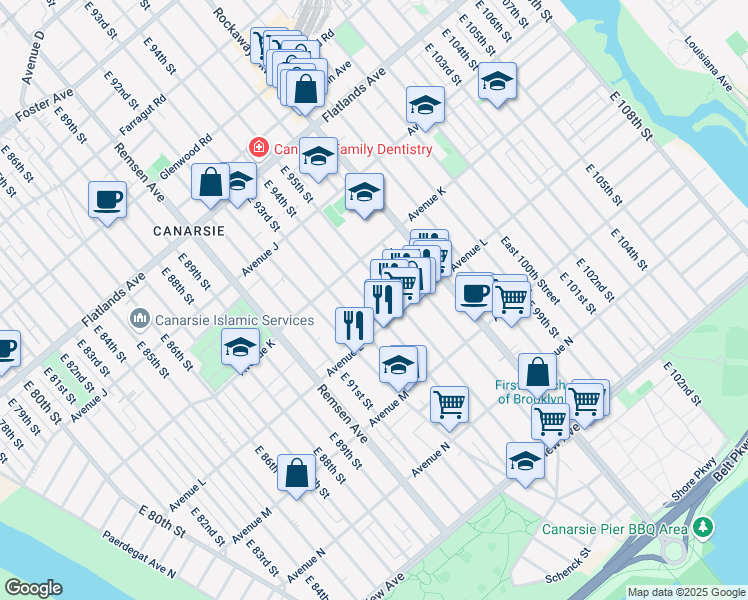 map of restaurants, bars, coffee shops, grocery stores, and more near 1382 East 95th Street in Brooklyn