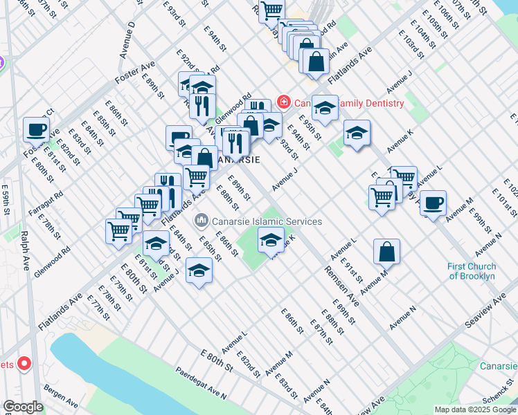 map of restaurants, bars, coffee shops, grocery stores, and more near 1006 East 89th Street in Brooklyn