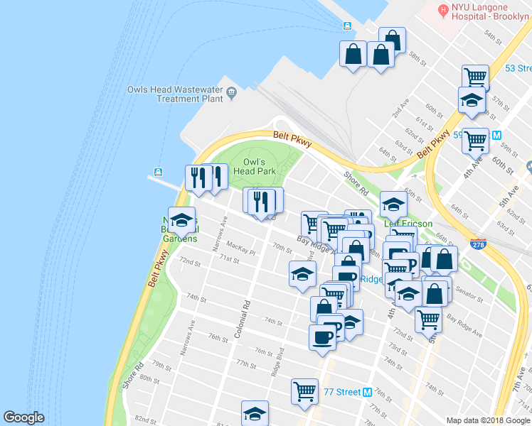 map of restaurants, bars, coffee shops, grocery stores, and more near 6801 Colonial Road in Brooklyn