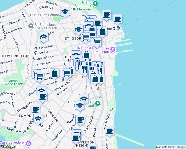 map of restaurants, bars, coffee shops, grocery stores, and more near 16 Saint Pauls Avenue in Staten Island
