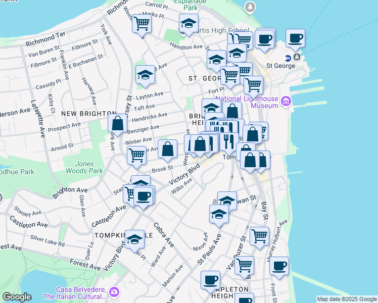 map of restaurants, bars, coffee shops, grocery stores, and more near 416 Westervelt Avenue in Staten Island