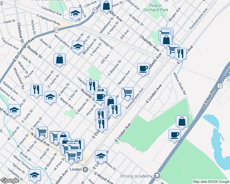 map of restaurants, bars, coffee shops, grocery stores, and more near 714 Bergen Avenue in Linden