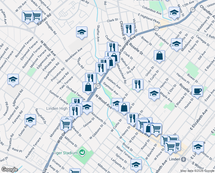 map of restaurants, bars, coffee shops, grocery stores, and more near 914 Seymour Avenue in Linden