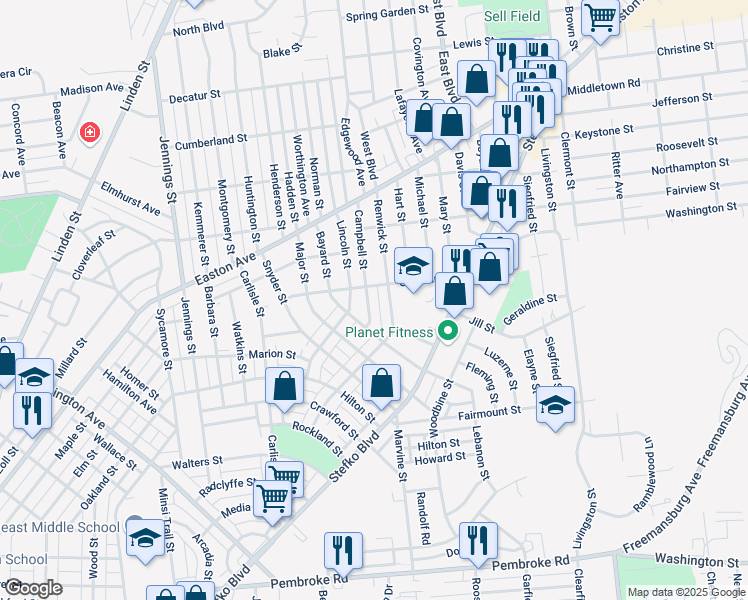 map of restaurants, bars, coffee shops, grocery stores, and more near 1836 Campbell Street in Bethlehem
