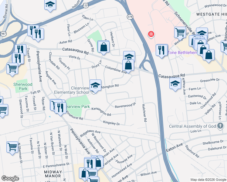 map of restaurants, bars, coffee shops, grocery stores, and more near 1972 Collingswood Drive in Bethlehem