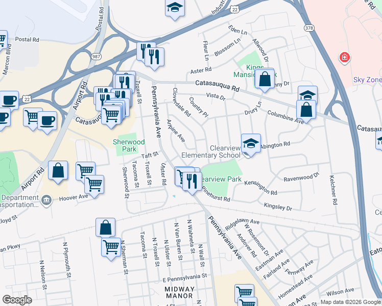 map of restaurants, bars, coffee shops, grocery stores, and more near 1839 Hilltop Terrace in Bethlehem
