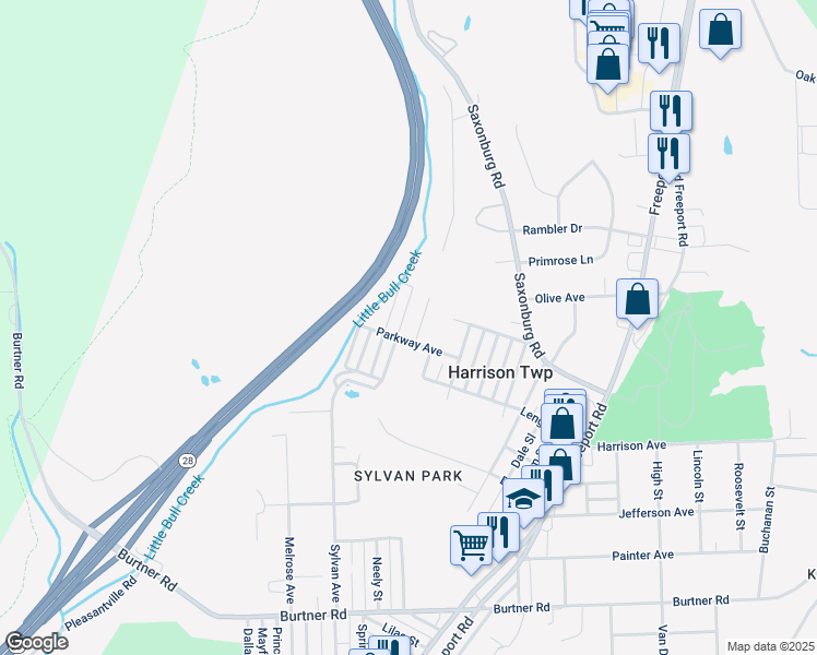 map of restaurants, bars, coffee shops, grocery stores, and more near 1502 Parkway Avenue in Natrona Heights