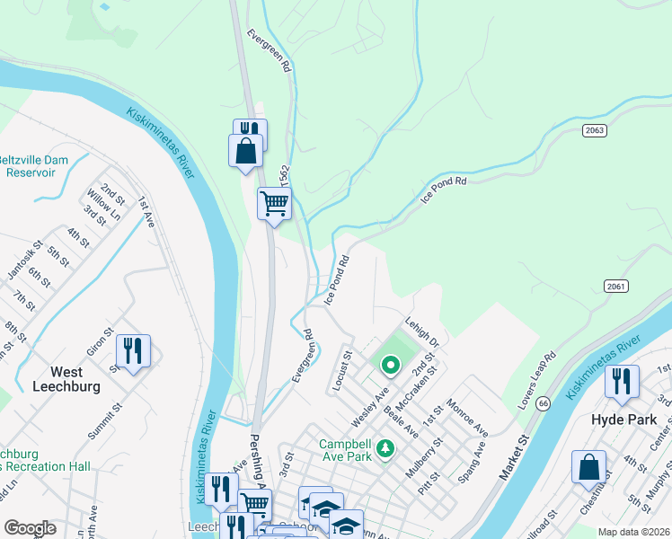map of restaurants, bars, coffee shops, grocery stores, and more near 133 Ice Pond Road in Leechburg