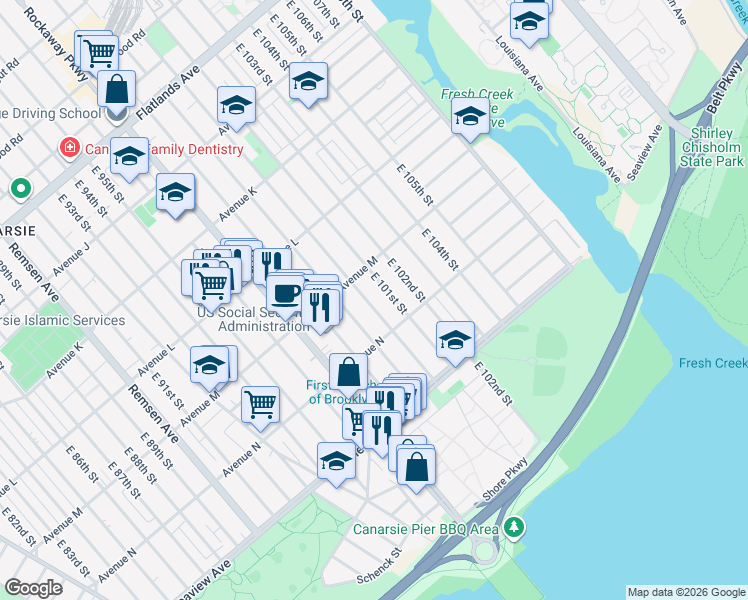 map of restaurants, bars, coffee shops, grocery stores, and more near 1341 East 100th Street in Brooklyn