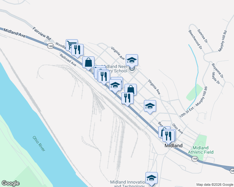 map of restaurants, bars, coffee shops, grocery stores, and more near 9 7th Street in Midland