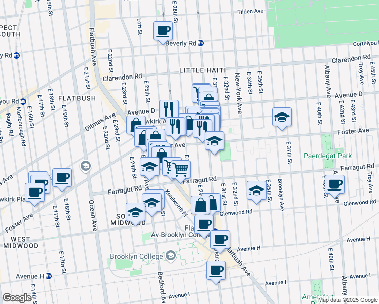 map of restaurants, bars, coffee shops, grocery stores, and more near 517 East 28th Street in Brooklyn