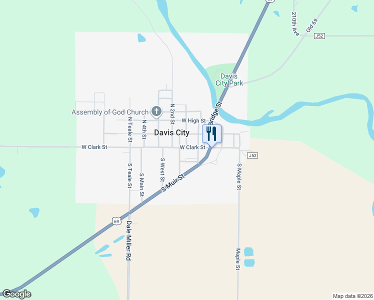 map of restaurants, bars, coffee shops, grocery stores, and more near 204 West Clark Street in Davis City