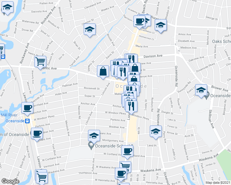 map of restaurants, bars, coffee shops, grocery stores, and more near 33 Kenneth Place in Oceanside