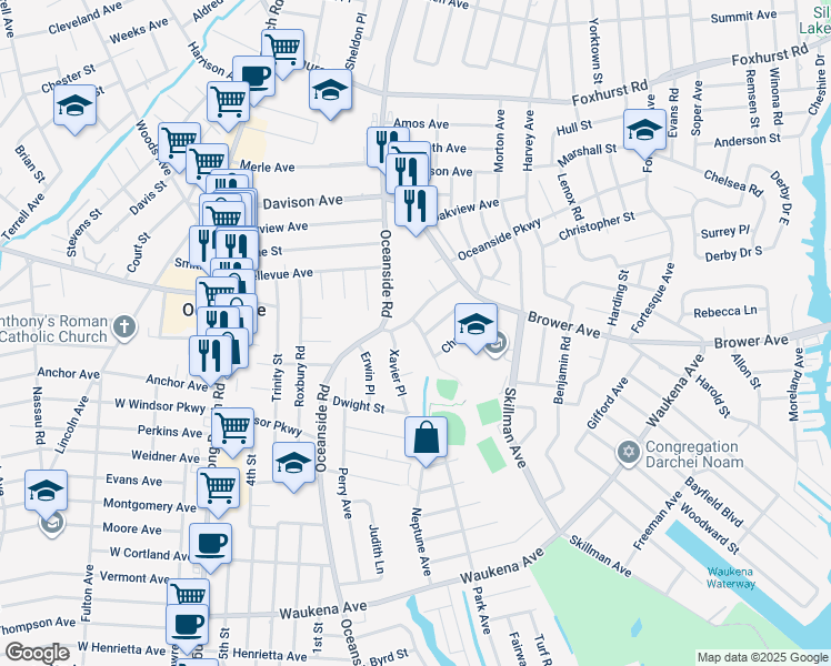 map of restaurants, bars, coffee shops, grocery stores, and more near 206 Evers Lane in Oceanside