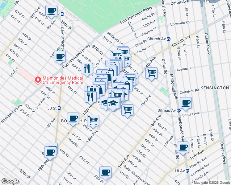 map of restaurants, bars, coffee shops, grocery stores, and more near 1337 43rd Street in Brooklyn