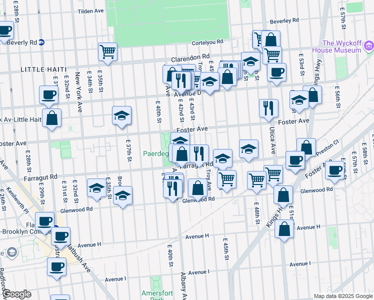 map of restaurants, bars, coffee shops, grocery stores, and more near 703 East 42nd Street in Brooklyn