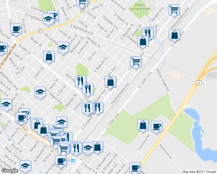 map of restaurants, bars, coffee shops, grocery stores, and more near 740 Essex Avenue in Linden
