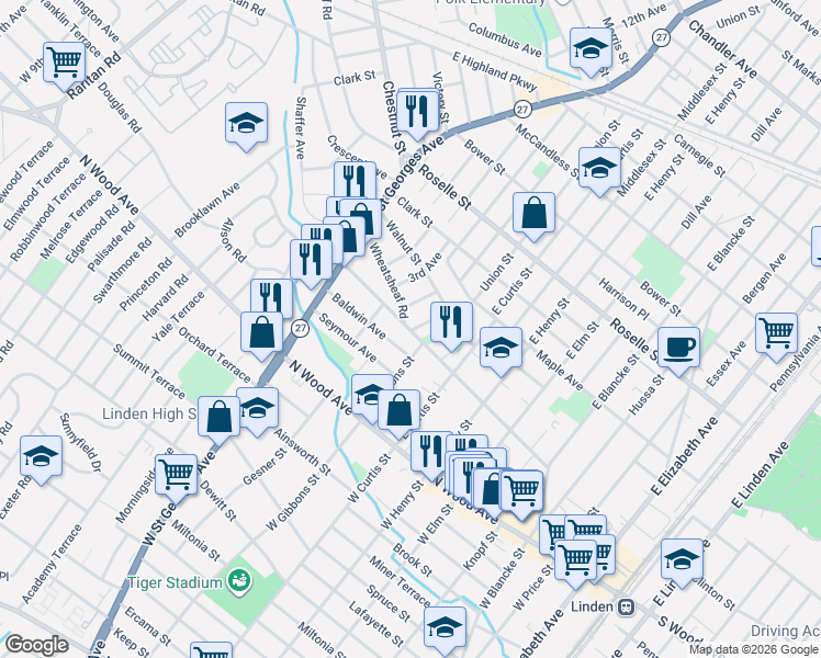 map of restaurants, bars, coffee shops, grocery stores, and more near 200 1st Avenue in Linden