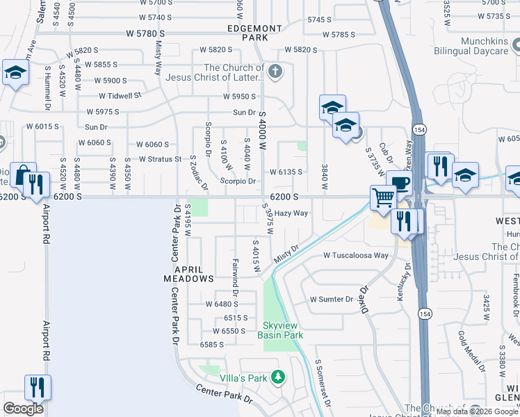 map of restaurants, bars, coffee shops, grocery stores, and more near 6231 Maestro Lane in West Jordan