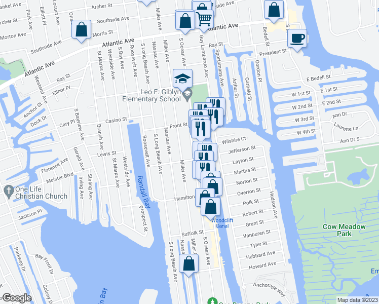 map of restaurants, bars, coffee shops, grocery stores, and more near 576 South Ocean Avenue in Freeport