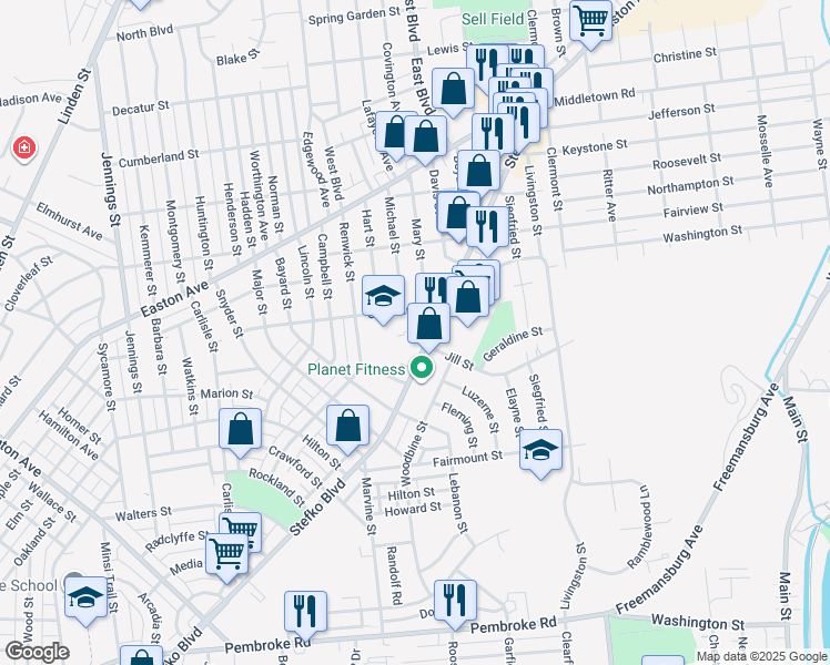 map of restaurants, bars, coffee shops, grocery stores, and more near 1781 Stefko Boulevard in Bethlehem