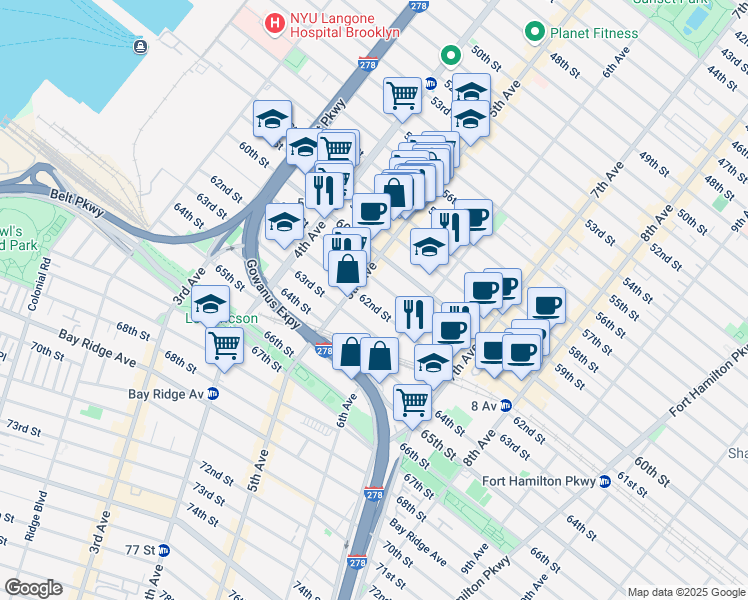 map of restaurants, bars, coffee shops, grocery stores, and more near 525 62nd Street in Brooklyn
