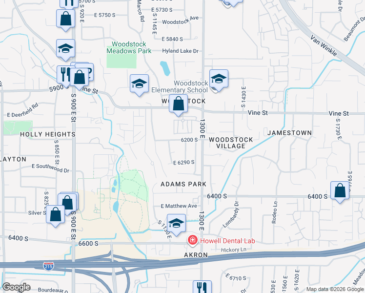 map of restaurants, bars, coffee shops, grocery stores, and more near 6230 South 1250 East in Murray
