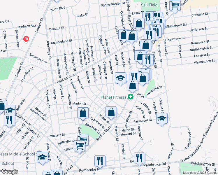map of restaurants, bars, coffee shops, grocery stores, and more near 1836 Campbell Street in Bethlehem
