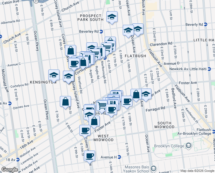 map of restaurants, bars, coffee shops, grocery stores, and more near 477 Marlborough Road in Brooklyn