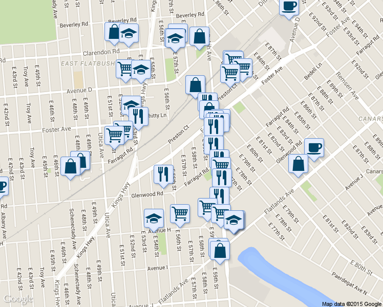 map of restaurants, bars, coffee shops, grocery stores, and more near 694 East 58th Street in Brooklyn