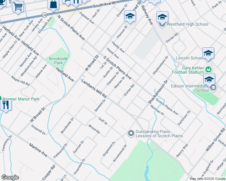 map of restaurants, bars, coffee shops, grocery stores, and more near 764 Warren Street in Westfield
