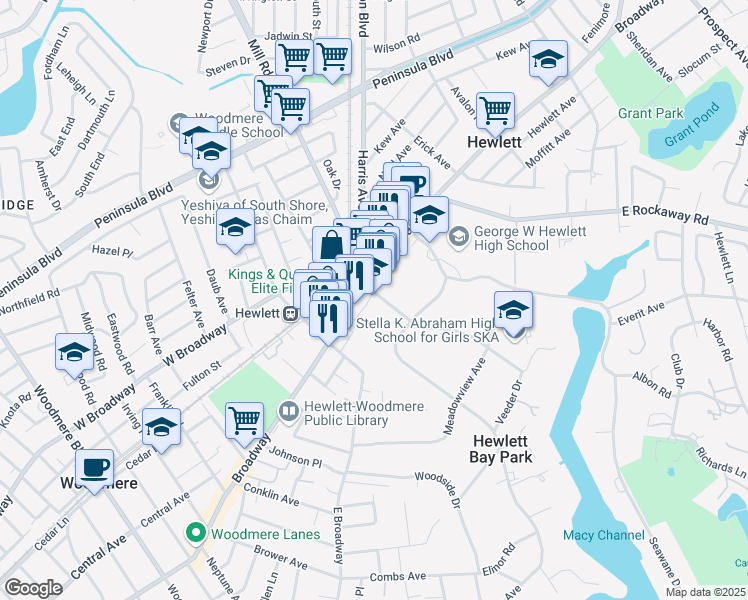 map of restaurants, bars, coffee shops, grocery stores, and more near 1 Piermont Avenue in Hewlett