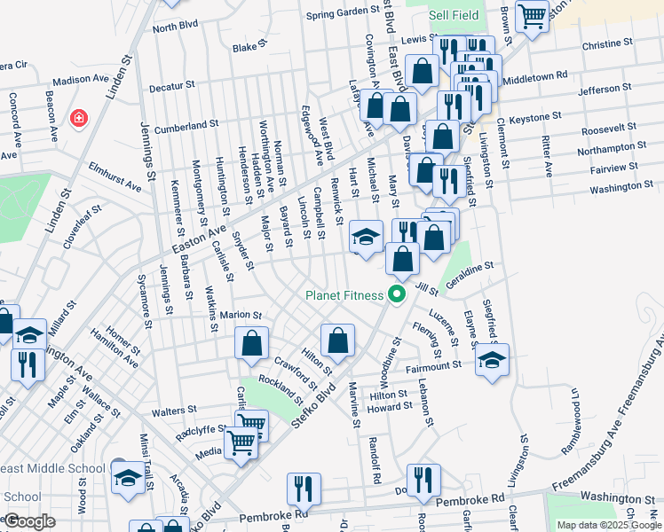 map of restaurants, bars, coffee shops, grocery stores, and more near 1836 Campbell Street in Bethlehem