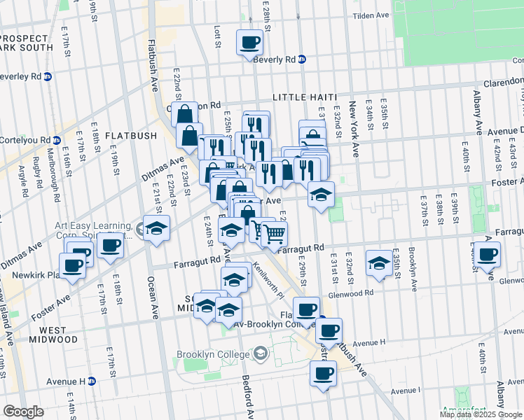 map of restaurants, bars, coffee shops, grocery stores, and more near 1302 Rogers Avenue in Brooklyn