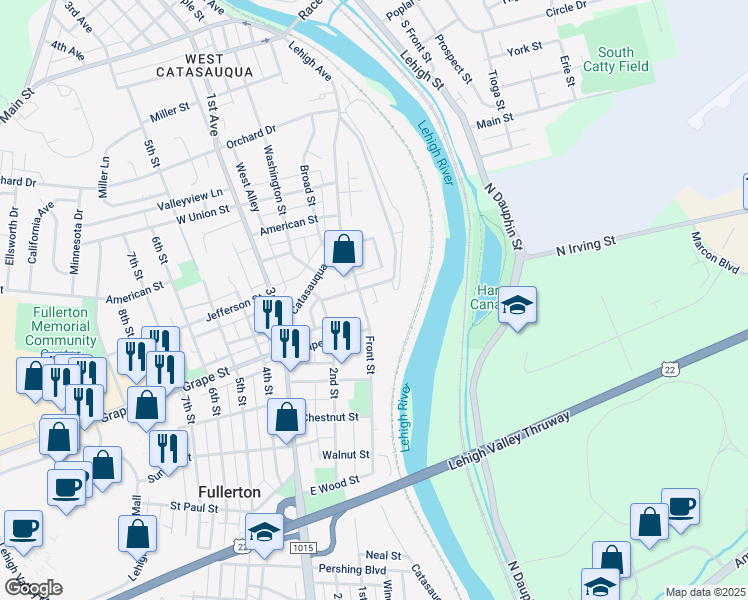 map of restaurants, bars, coffee shops, grocery stores, and more near 36 East Penn Lane in Fullerton