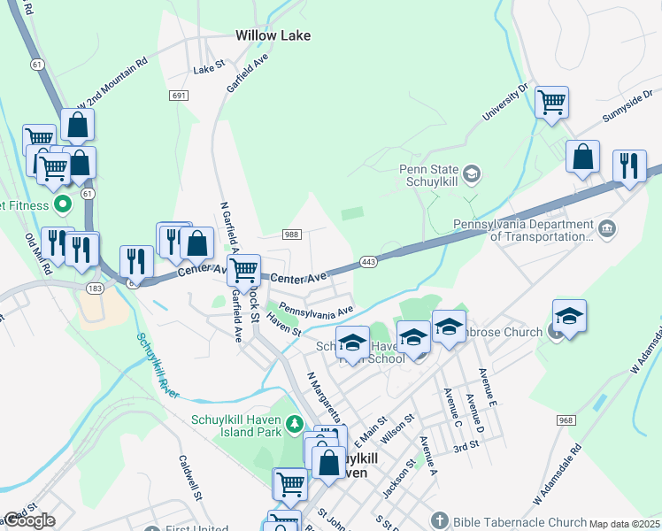 map of restaurants, bars, coffee shops, grocery stores, and more near 10 South Center Street in Pottsville