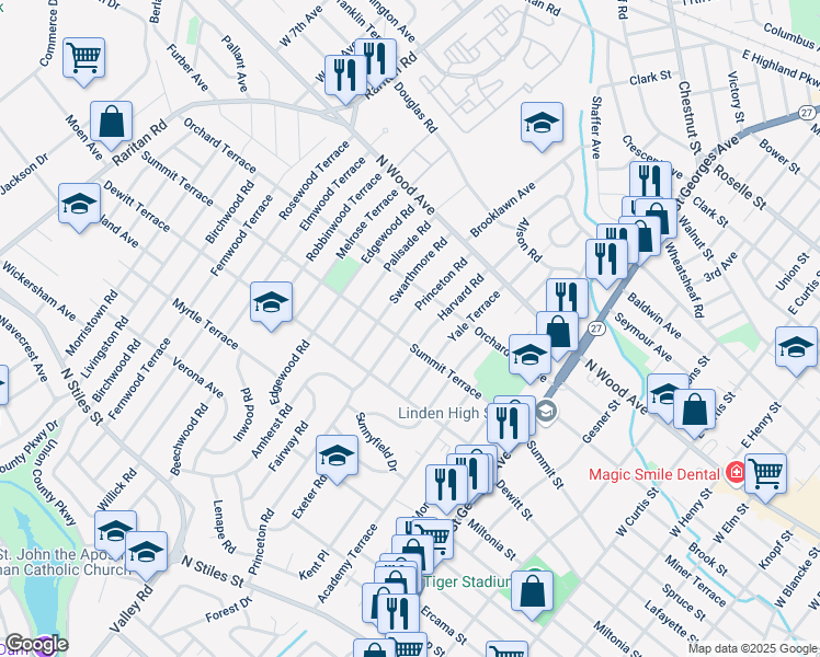 map of restaurants, bars, coffee shops, grocery stores, and more near 137 Princeton Road in Linden