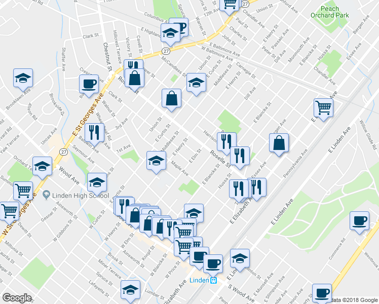 map of restaurants, bars, coffee shops, grocery stores, and more near 513 Stone Place in Linden