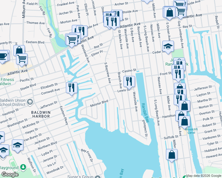 map of restaurants, bars, coffee shops, grocery stores, and more near 556 South Bayview Avenue in Freeport