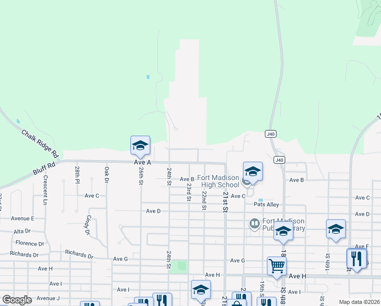 map of restaurants, bars, coffee shops, grocery stores, and more near 2226 Mokena Terrace in Fort Madison