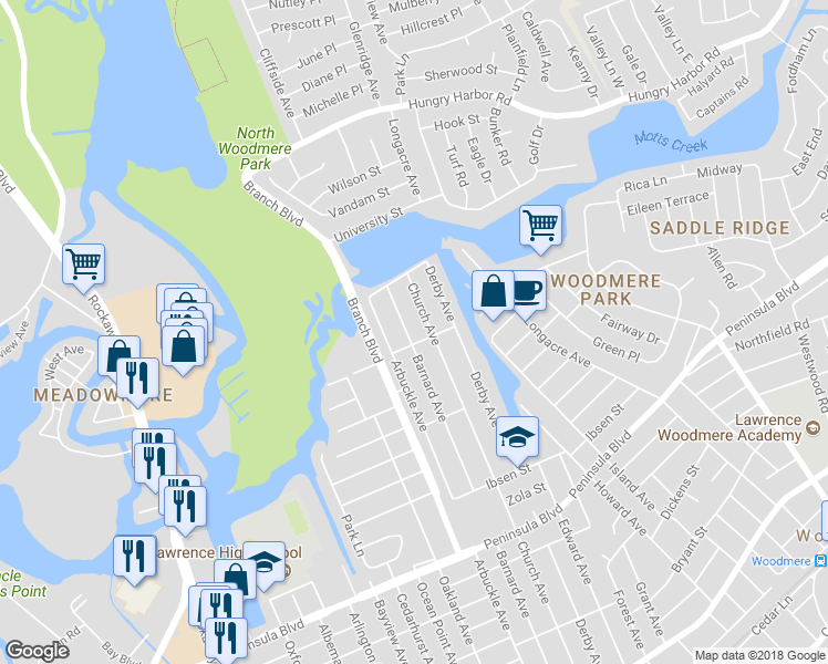 map of restaurants, bars, coffee shops, grocery stores, and more near 634 Barnard Avenue in Woodmere