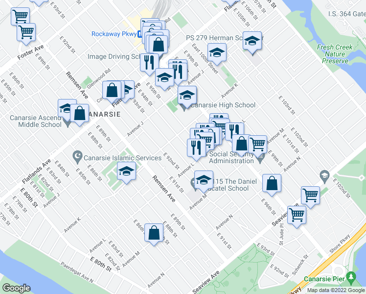 map of restaurants, bars, coffee shops, grocery stores, and more near 1360 E 94th St in Brooklyn