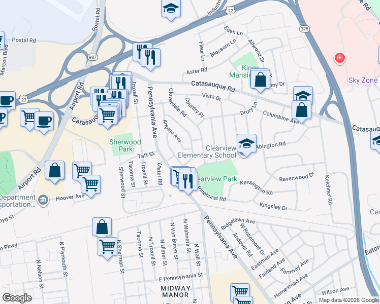 map of restaurants, bars, coffee shops, grocery stores, and more near 1839 Hilltop Terrace in Bethlehem