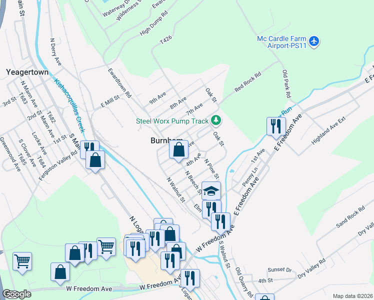 map of restaurants, bars, coffee shops, grocery stores, and more near 208-226 5th Avenue in Burnham