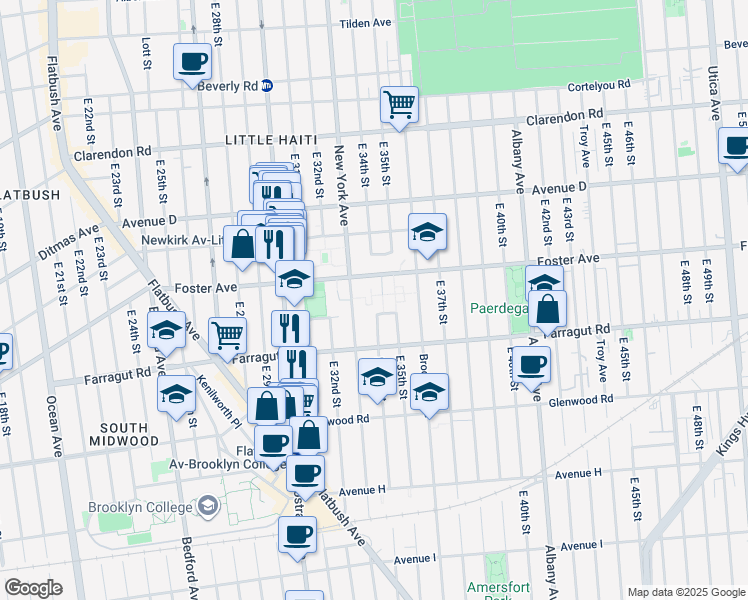 map of restaurants, bars, coffee shops, grocery stores, and more near 1411 New York Avenue in Brooklyn