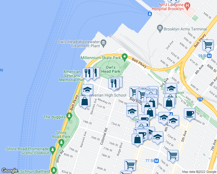 map of restaurants, bars, coffee shops, grocery stores, and more near 83 Bay Ridge Avenue in Brooklyn