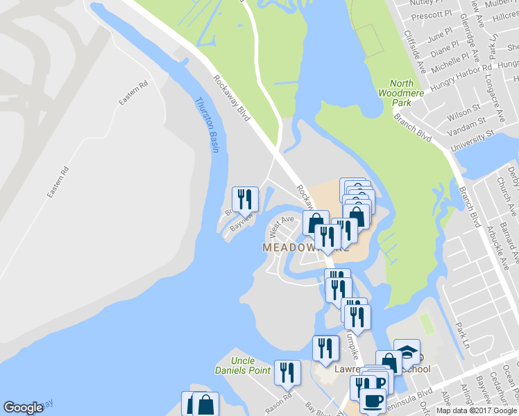 map of restaurants, bars, coffee shops, grocery stores, and more near 155-31 Bayview Avenue in Queens
