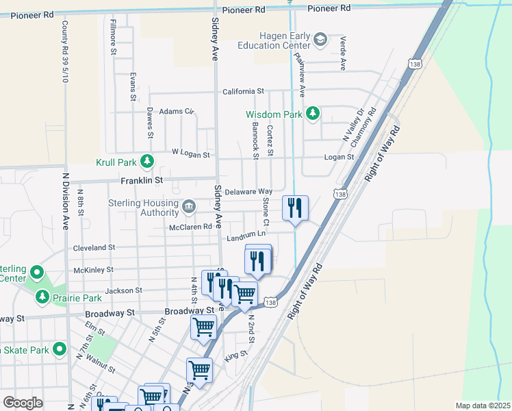 map of restaurants, bars, coffee shops, grocery stores, and more near 210 Magnolia Lane in Sterling