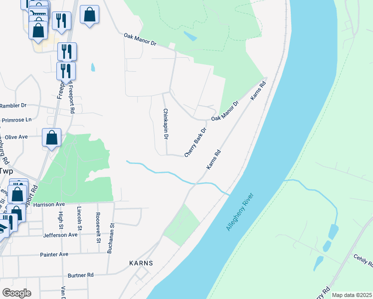 map of restaurants, bars, coffee shops, grocery stores, and more near 228 Cherrybark Drive in Natrona Heights