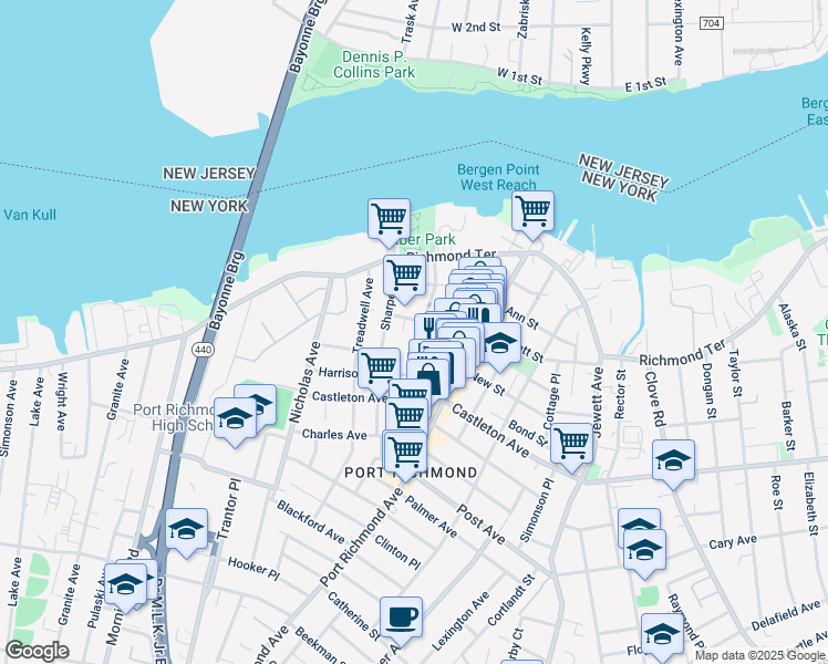 map of restaurants, bars, coffee shops, grocery stores, and more near 112 Faber Street in Staten Island
